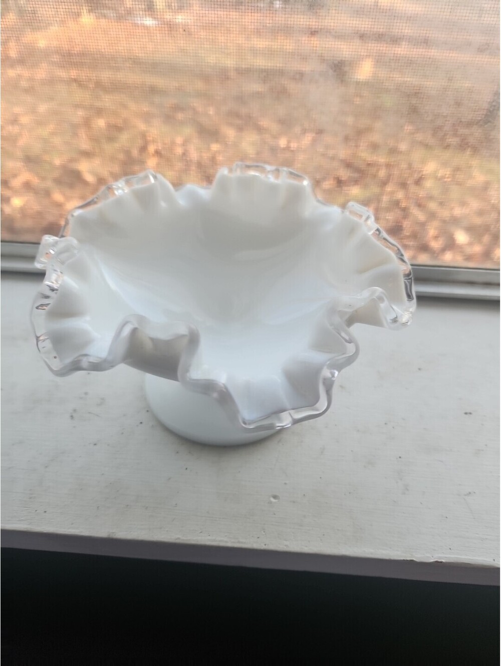 Vintage Fenton Silver Crest Milk Glass Compote Pedestal Candy Dish Ruffled Bowl
